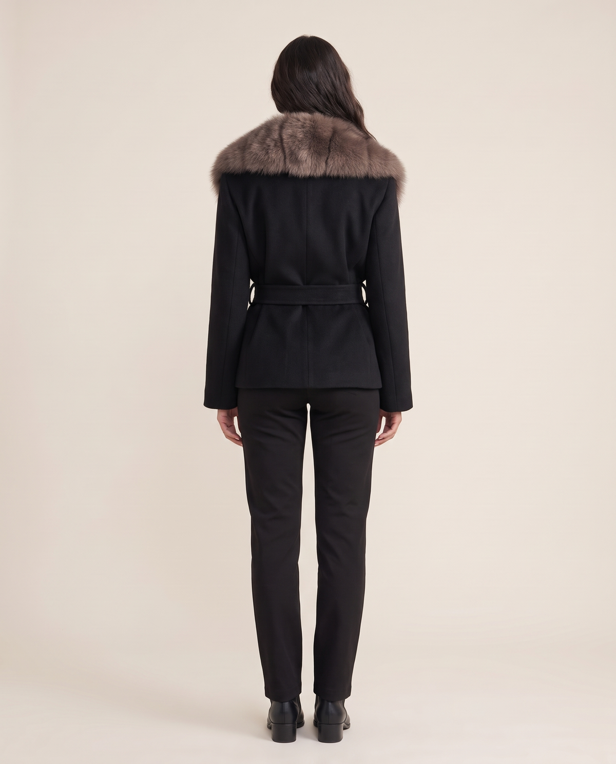 Short wool coat with faux fur collar for women, back view
