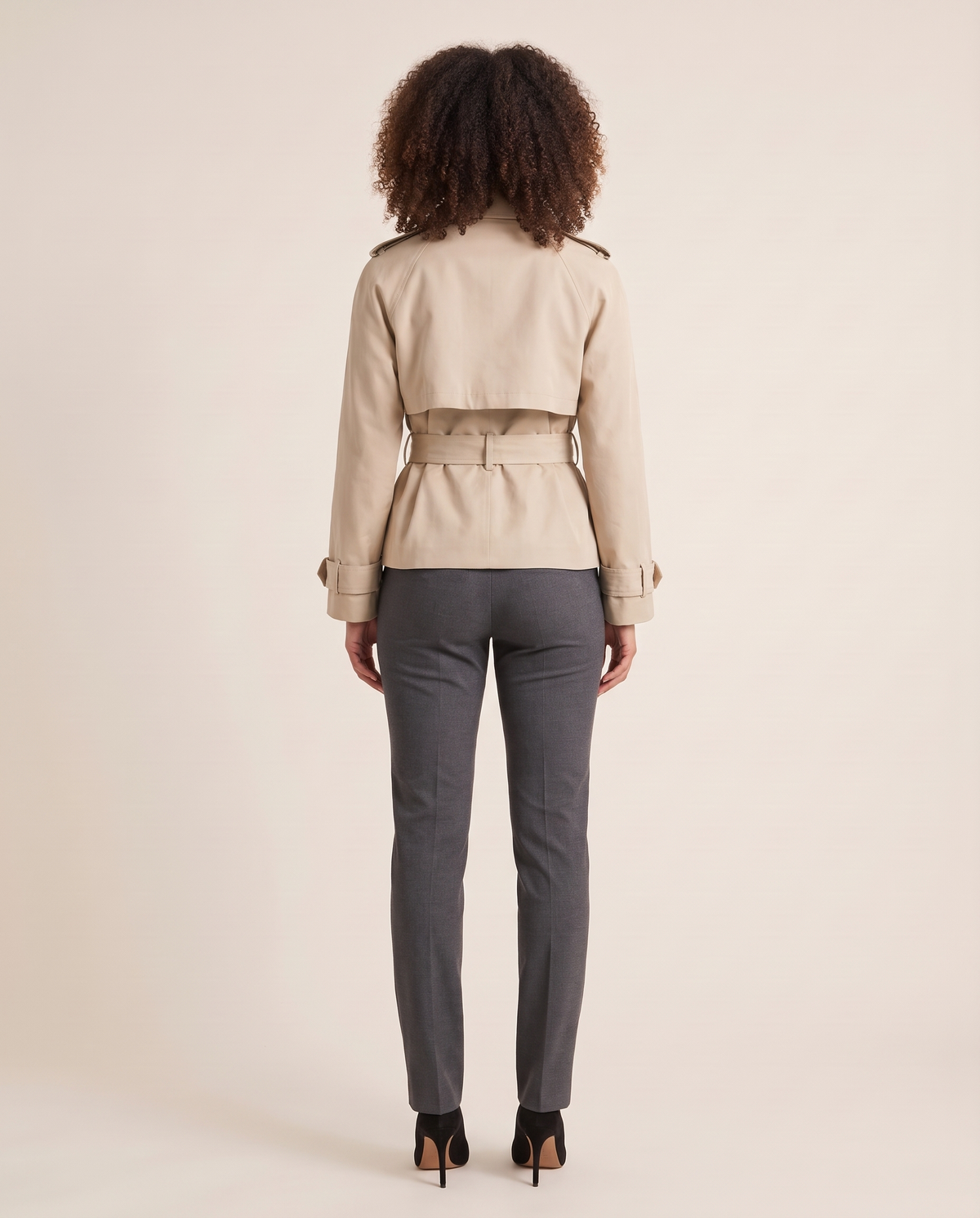Short beige trench coat for women, back view