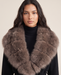 Oversized faux fur collar detail on black wool jacket
