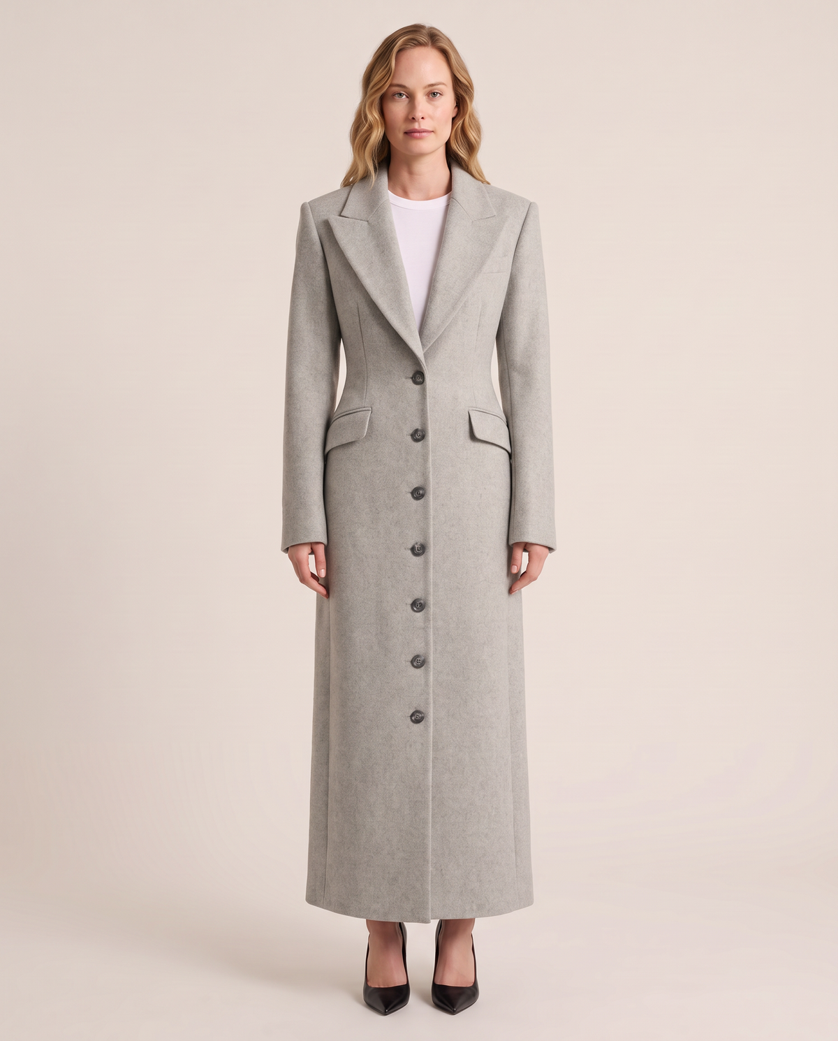 Tailored longline wool coat in light grey, studio front