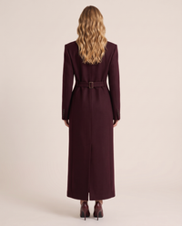 Long burgundy wool coat for women with back half-belt, back view