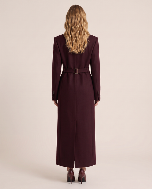 Long burgundy wool coat for women with back half-belt, back view