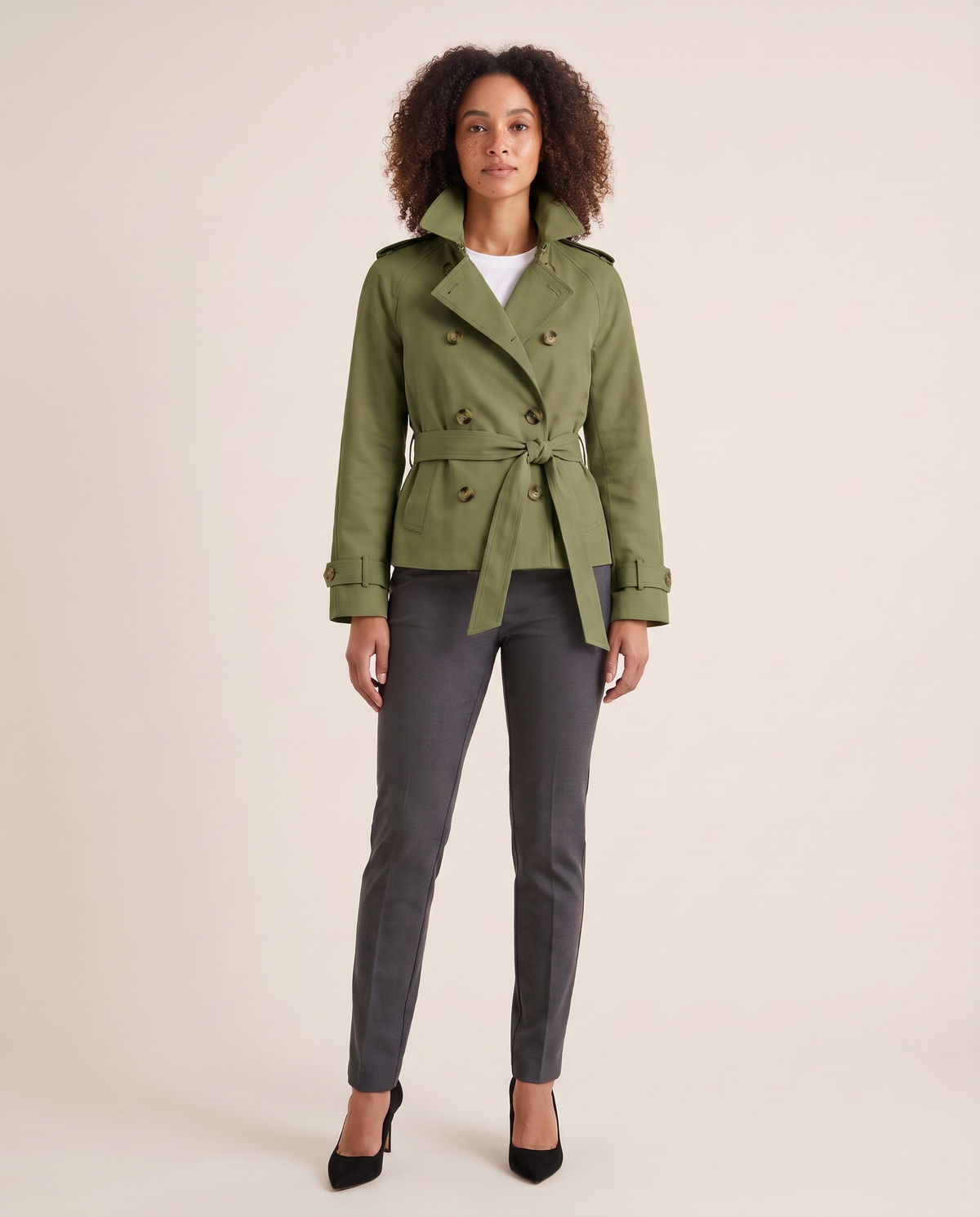 Cropped double-breasted trench jacket in olive green, studio front