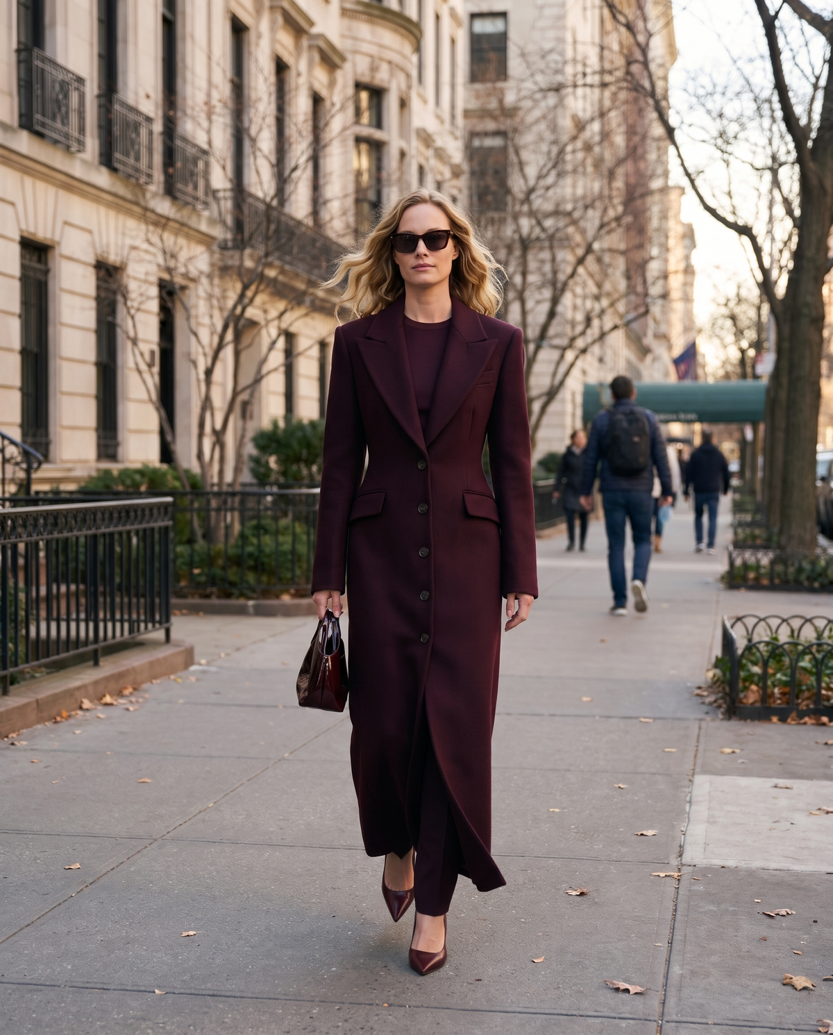 Long wool coat for women worn on the Upper East Side in late fall