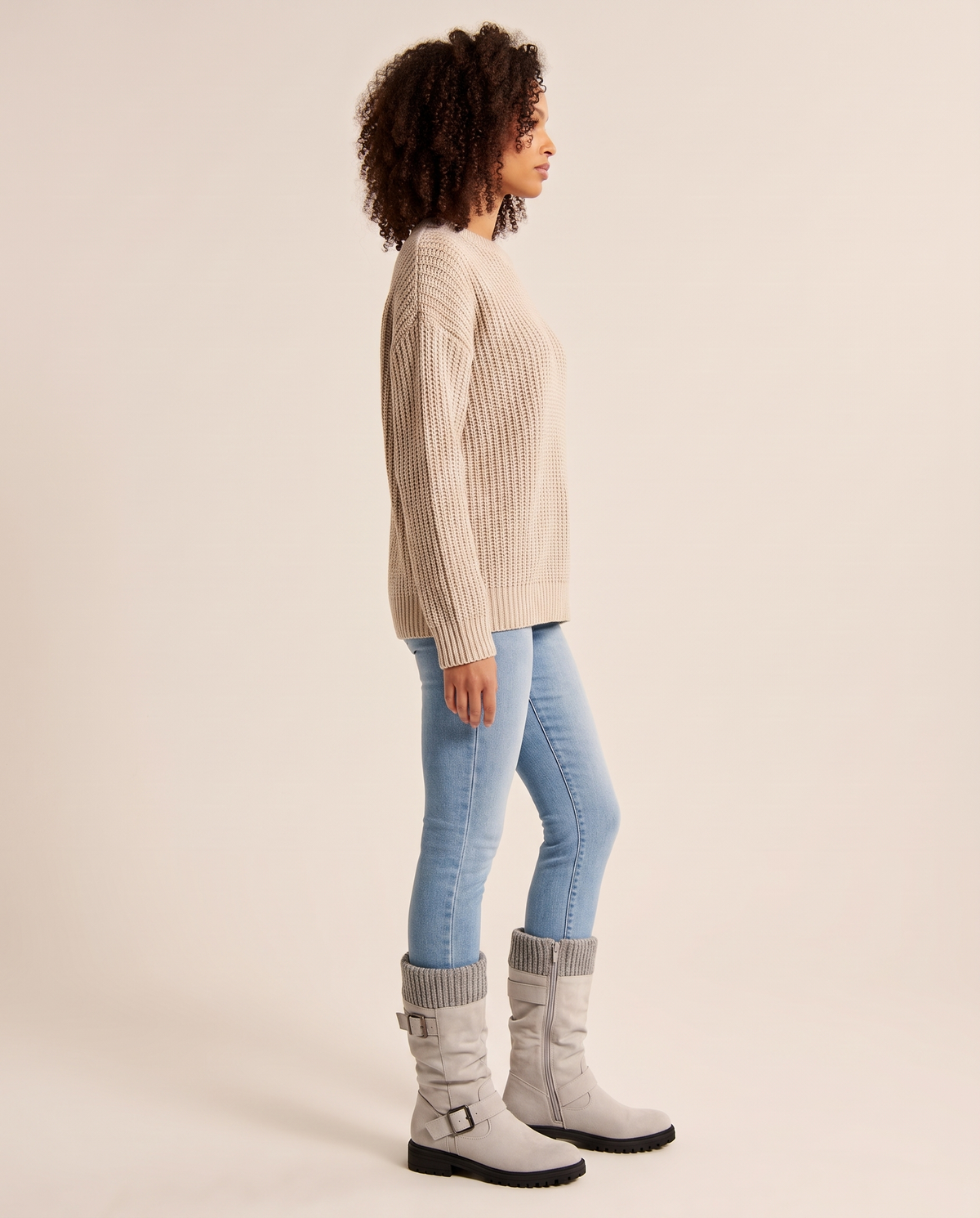 Grey suede slouch boots, side view