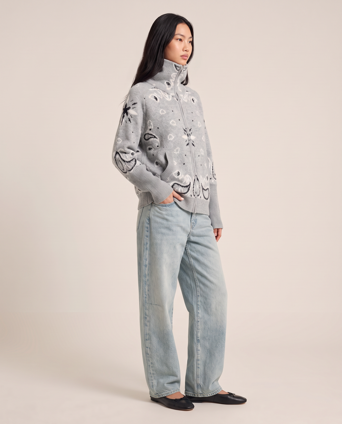 Chunky knit zip up cardigan for women, three-quarter view