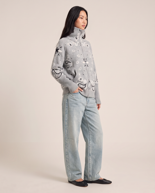 Chunky knit zip up cardigan for women, three-quarter view