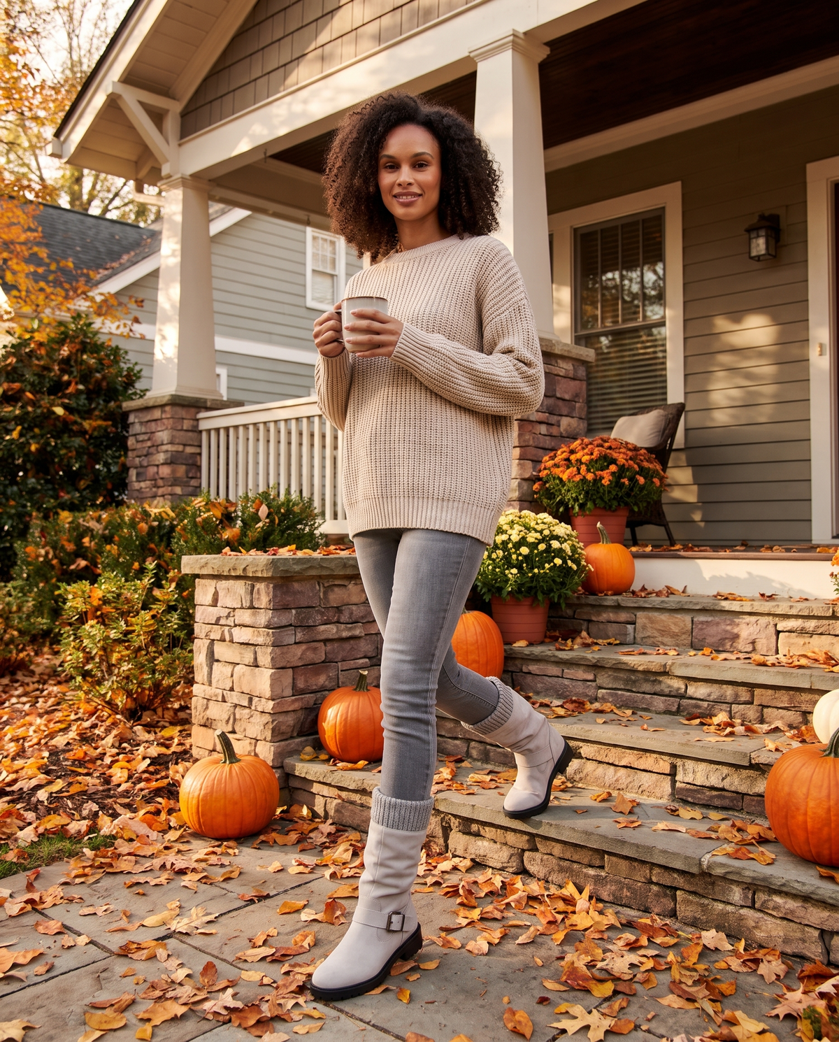 Slouch winter boots for women worn on an autumn porch