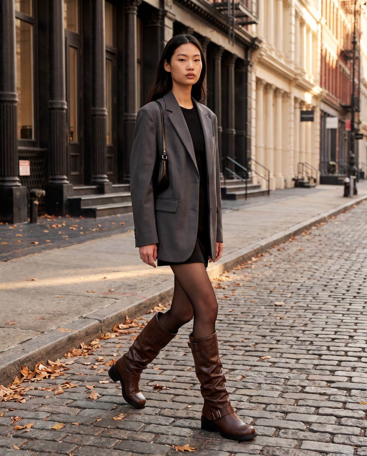 Brown slouchy knee high boots worn on a SoHo cobblestone street in fall
