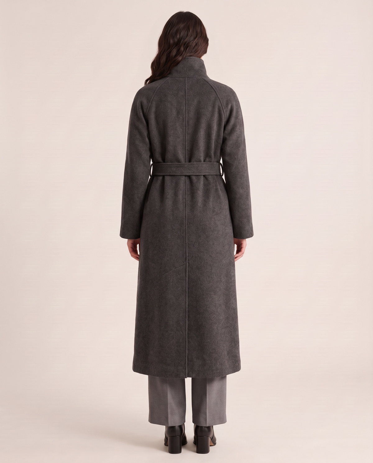 Long wool wrap coat for women, back view