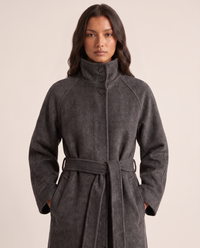 Stand collar and belt detail on grey maxi wool coat
