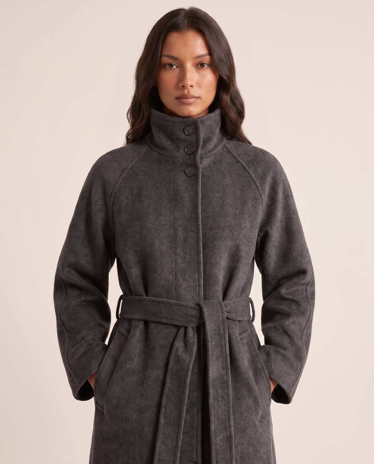Stand collar and belt detail on grey maxi wool coat