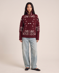 Paisley zip-up cardigan in burgundy red, studio front