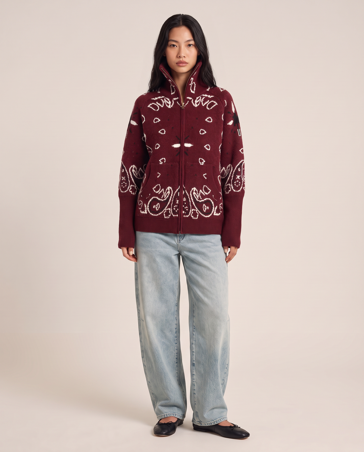 Paisley zip-up cardigan in burgundy red, studio front
