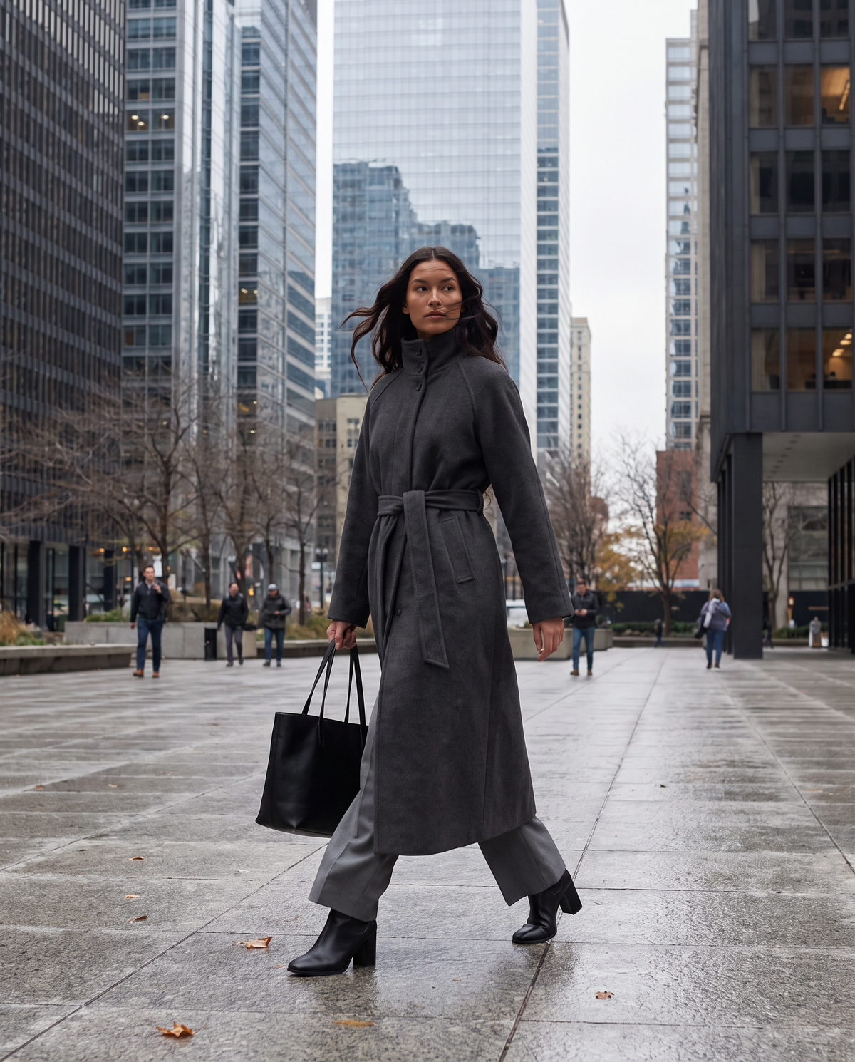 Belted long wool coat worn in downtown Chicago in late fall