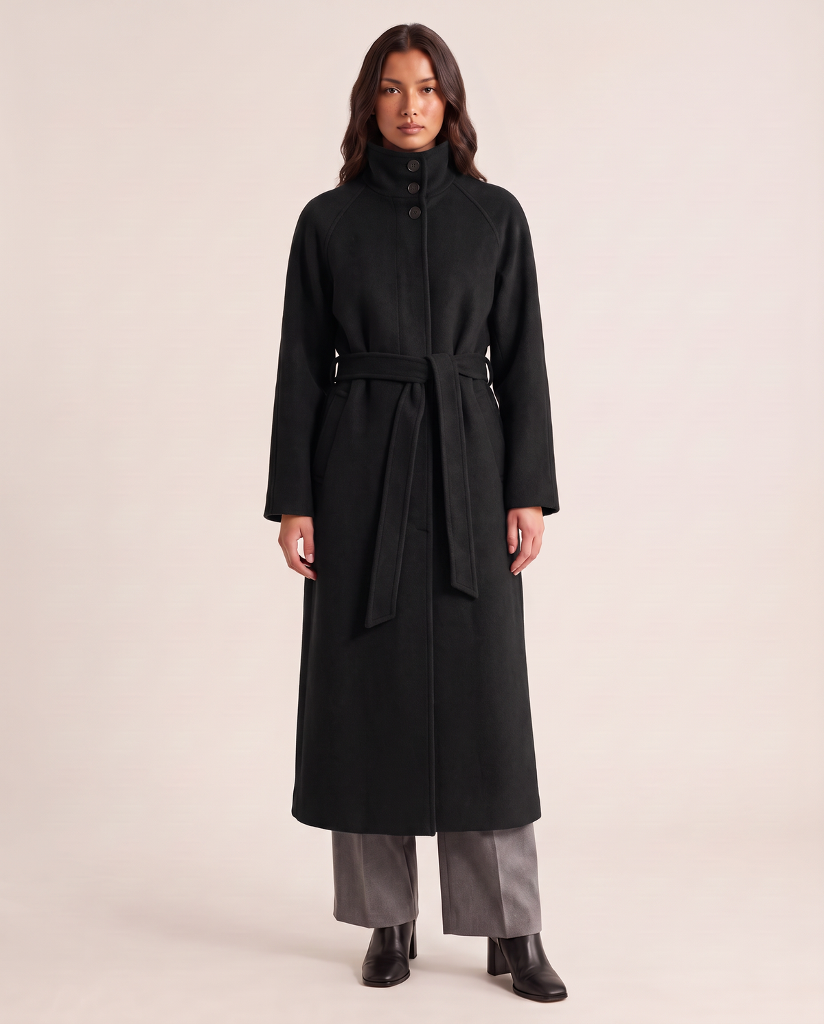 Belted maxi wool coat in black, studio front