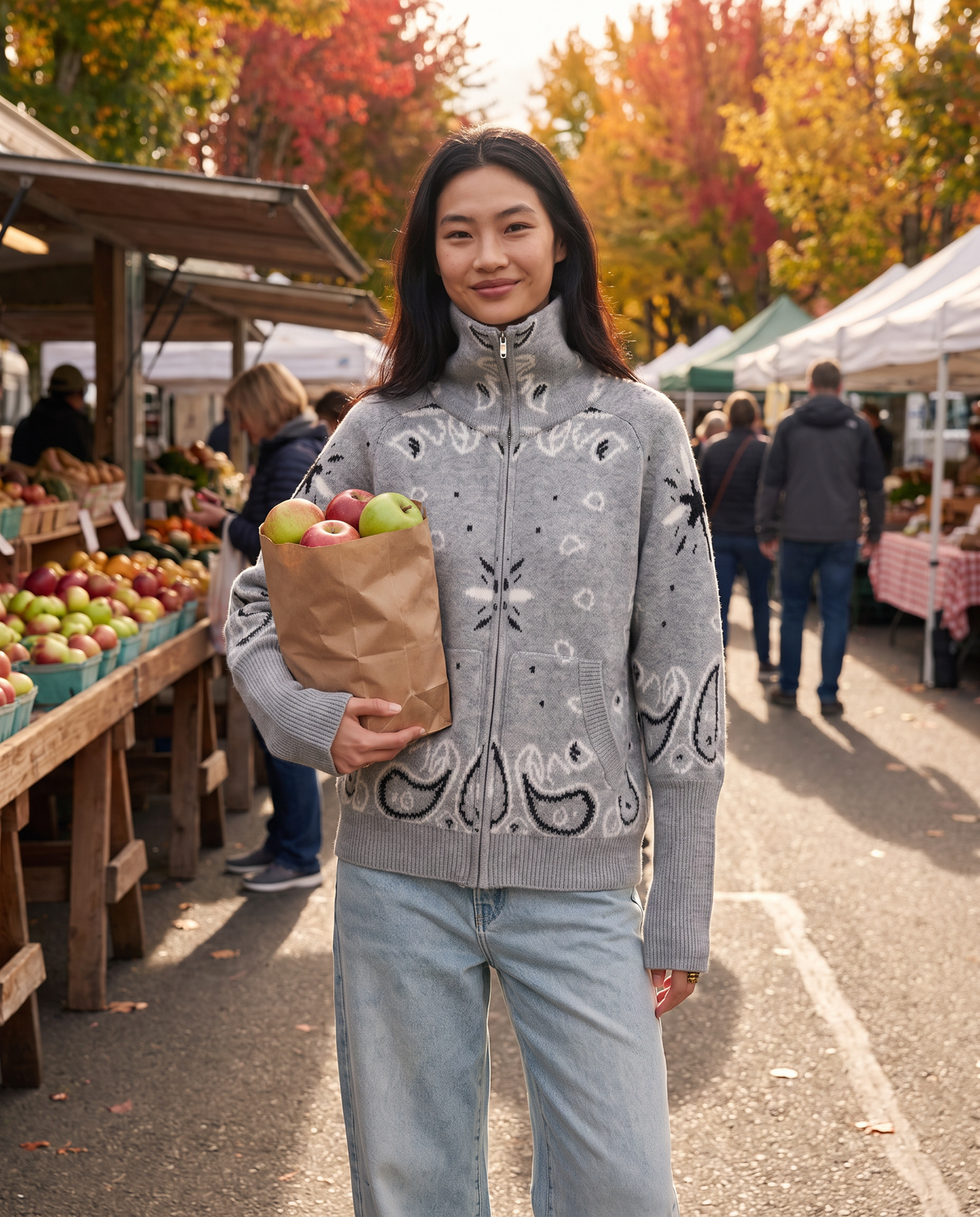 Paisley sweater jacket worn at an autumn farmers market
