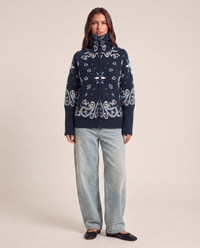 Paisley zip-up cardigan in navy, studio front