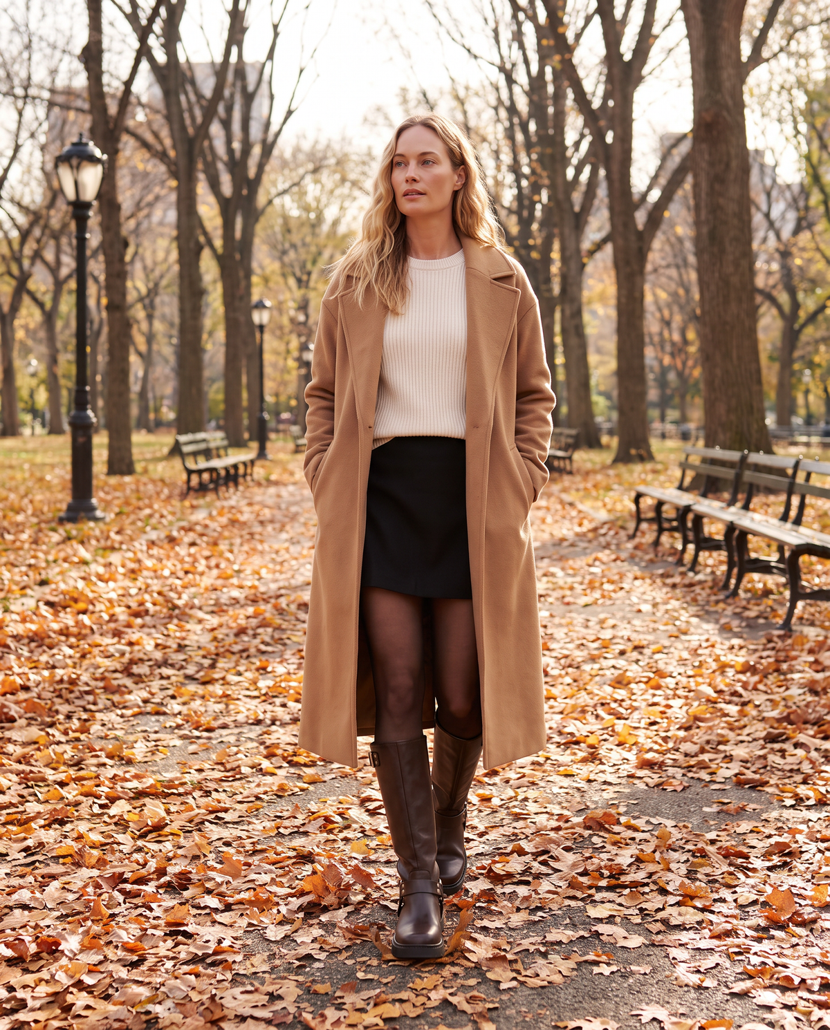 Knee high biker boots worn with a camel coat in Central Park in fall