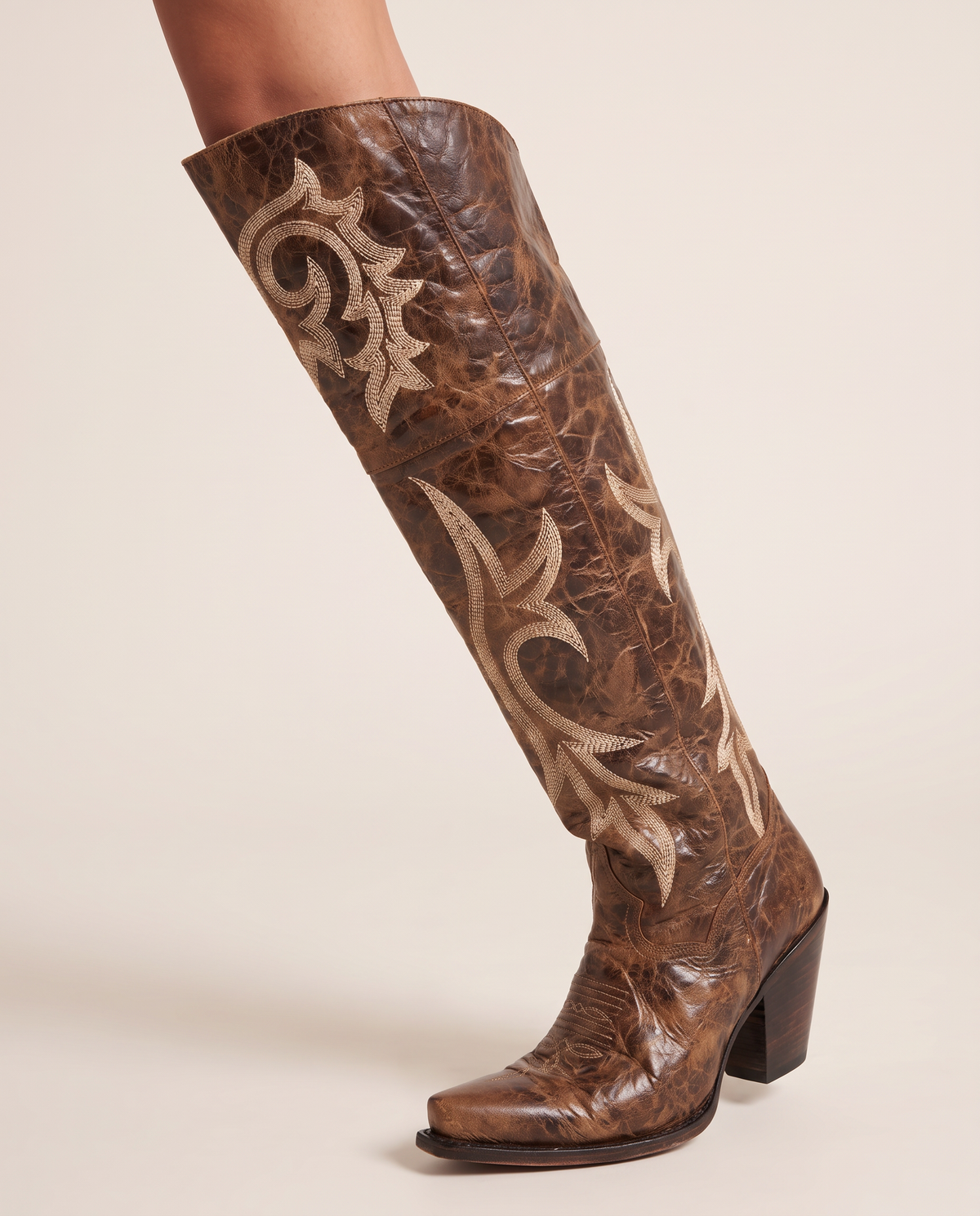 ONORA brown embroidered knee high cowboy boots for women - distressed leather embroidery detail