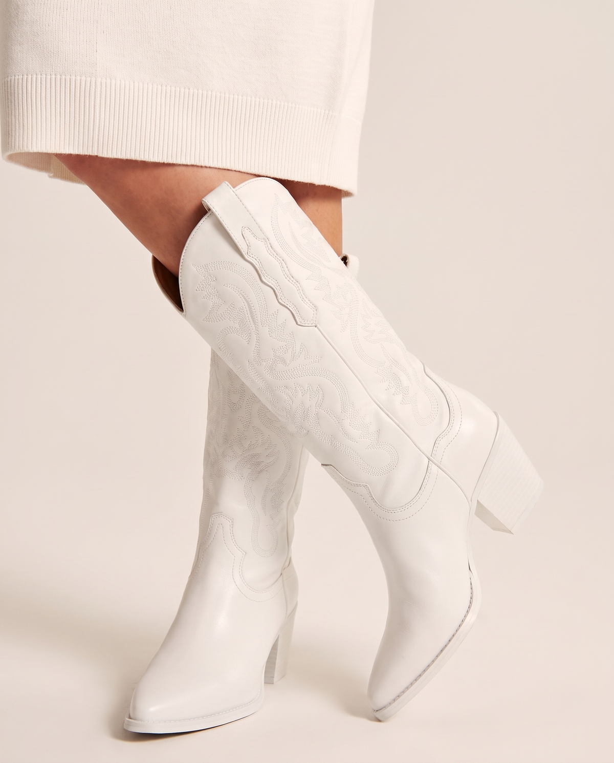 ONORA white pointed toe western boots with block heel for women - white leather detail