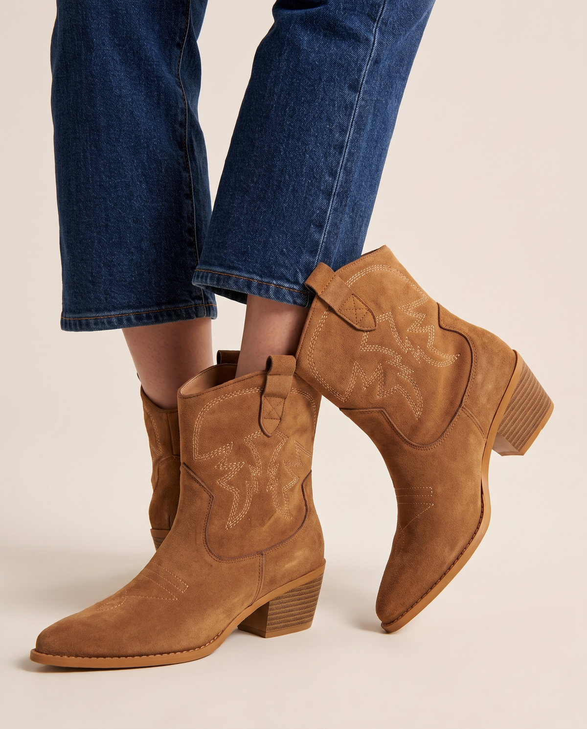ONORA tan suede western ankle boots for women - suede embroidery detail