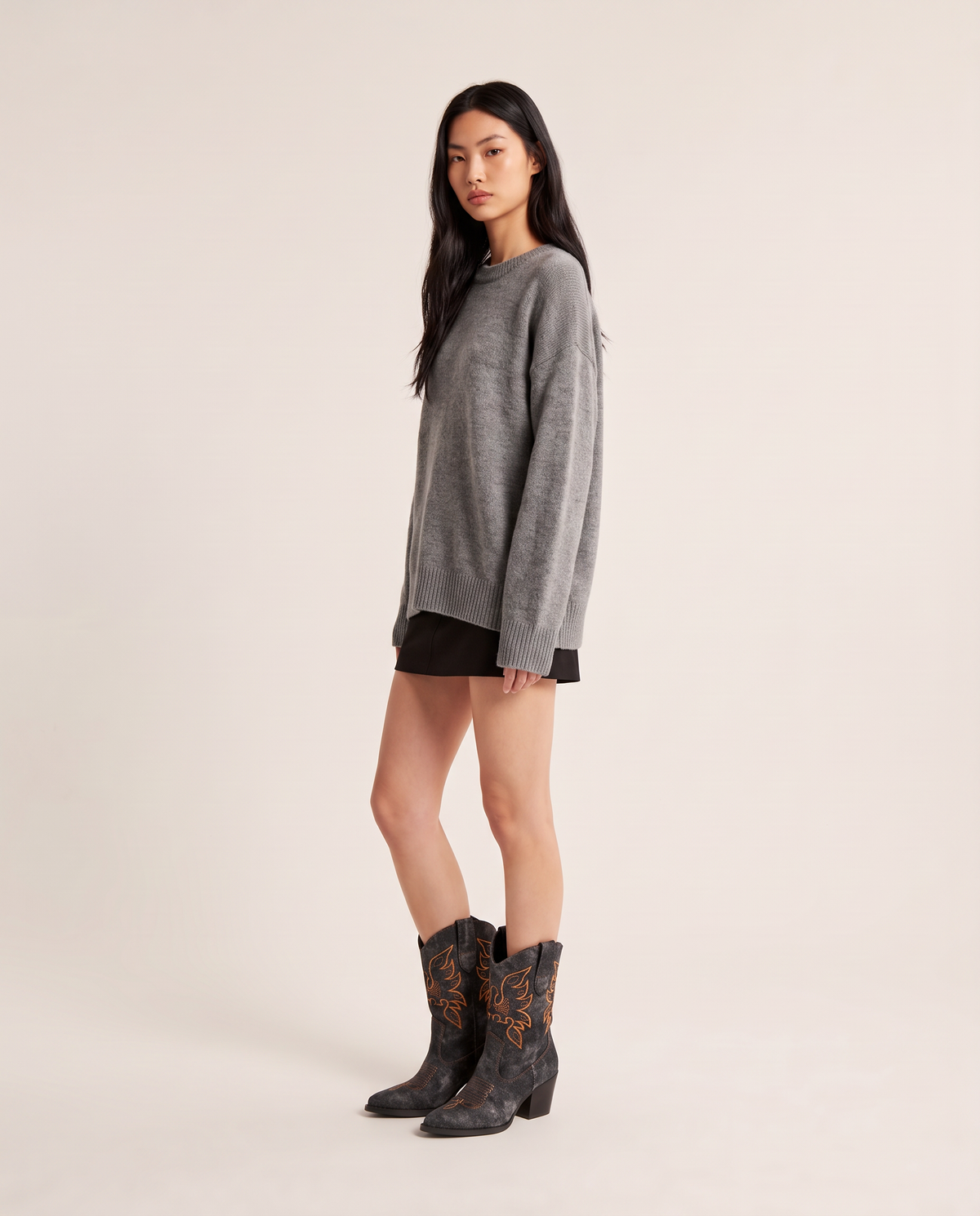 ONORA wide calf denim embroidered cowboy boots for women - black three-quarter view