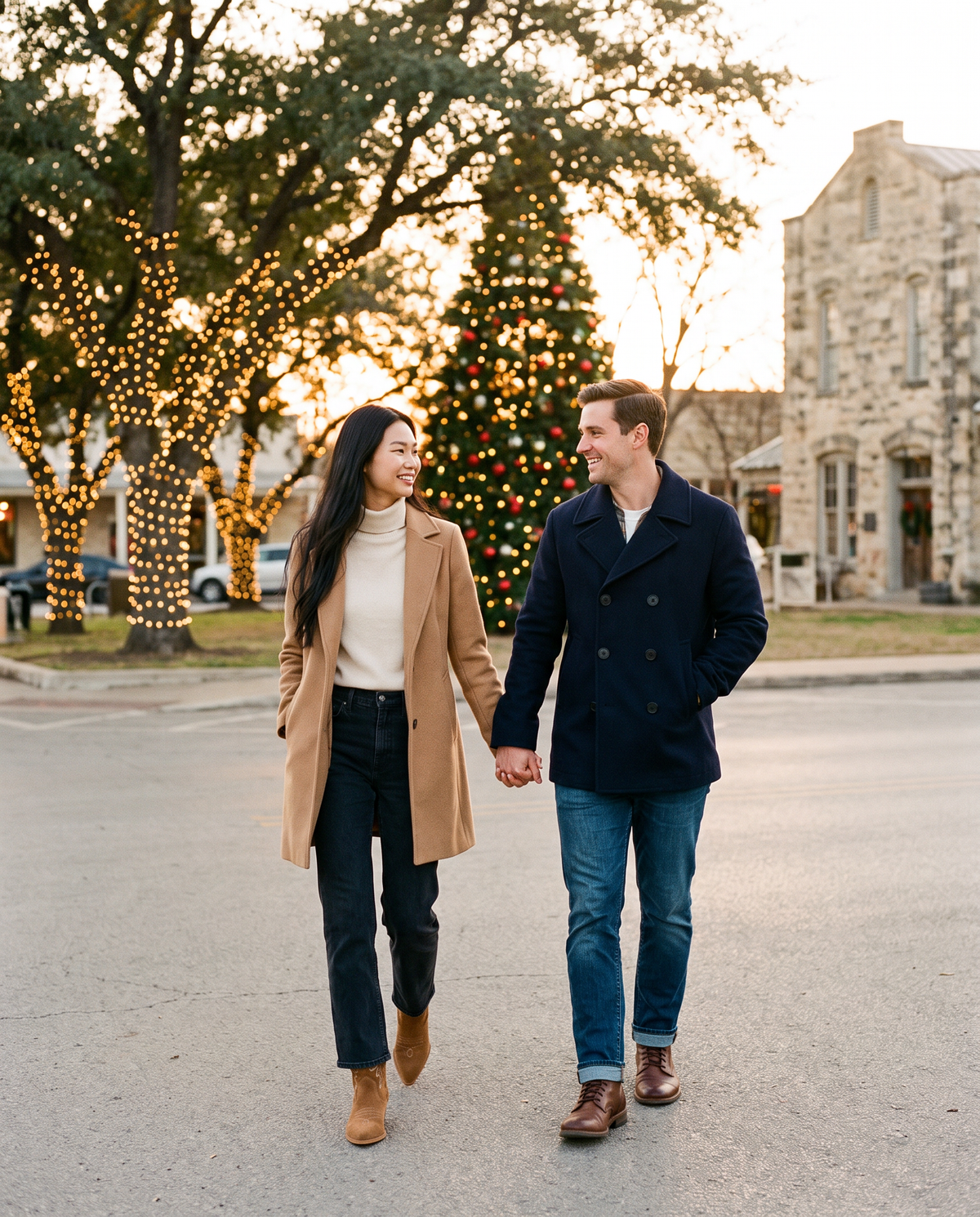 ONORA tan suede western ankle boots for women - couple Christmas town square outfit