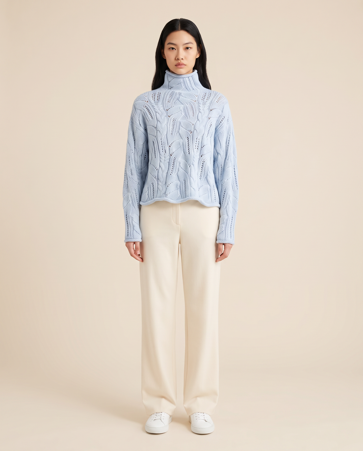 ONORA cable knit turtleneck sweater for women - powder blue front view