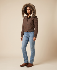 ONORA cropped bomber jacket with faux fur hood for women - hood up three-quarter view