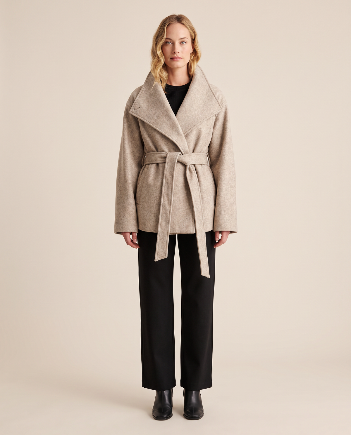 ONORA belted wrap coat with funnel collar for women - beige front view