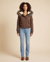 ONORA cropped bomber jacket with faux fur hood for women - front view