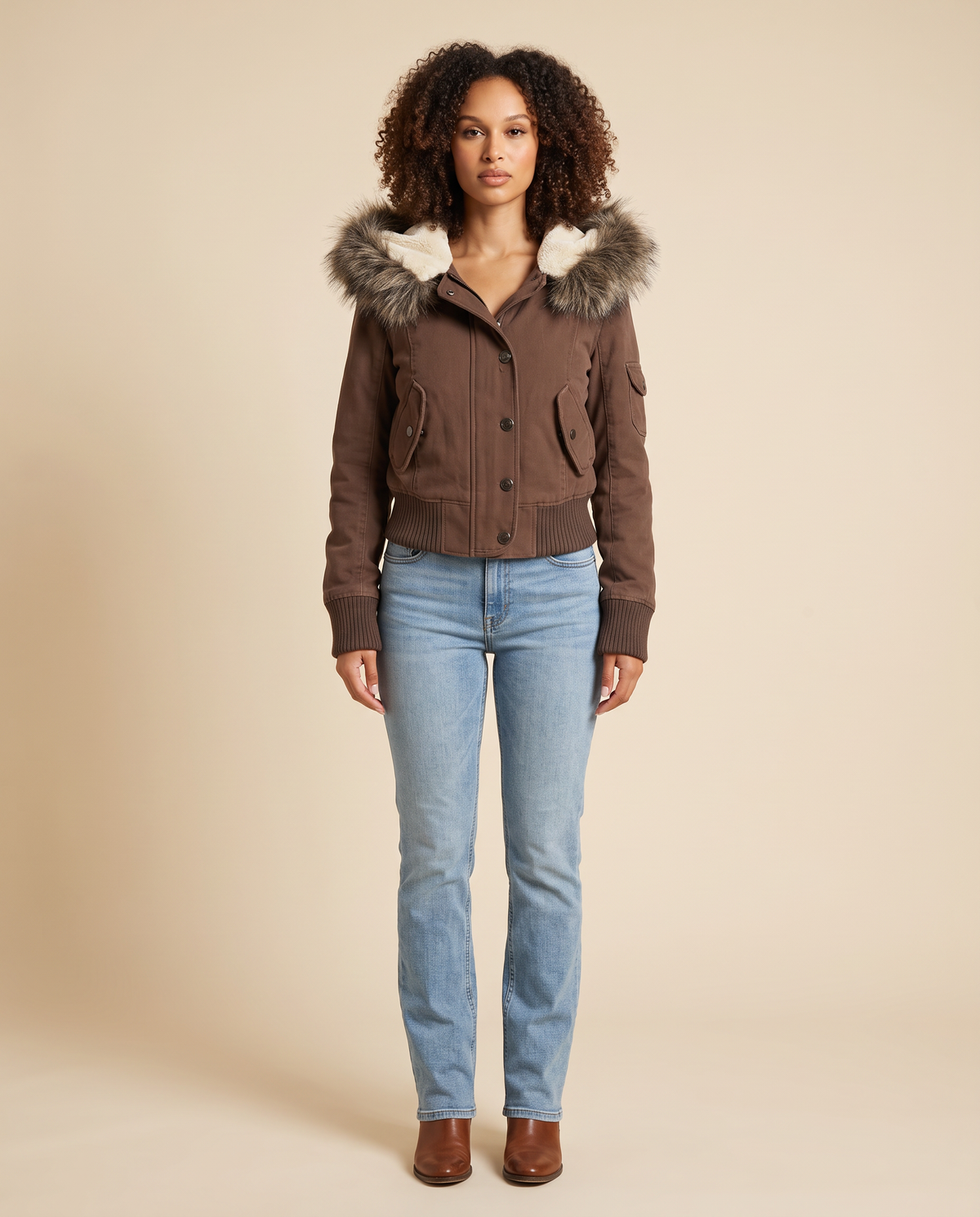ONORA cropped bomber jacket with faux fur hood for women - front view