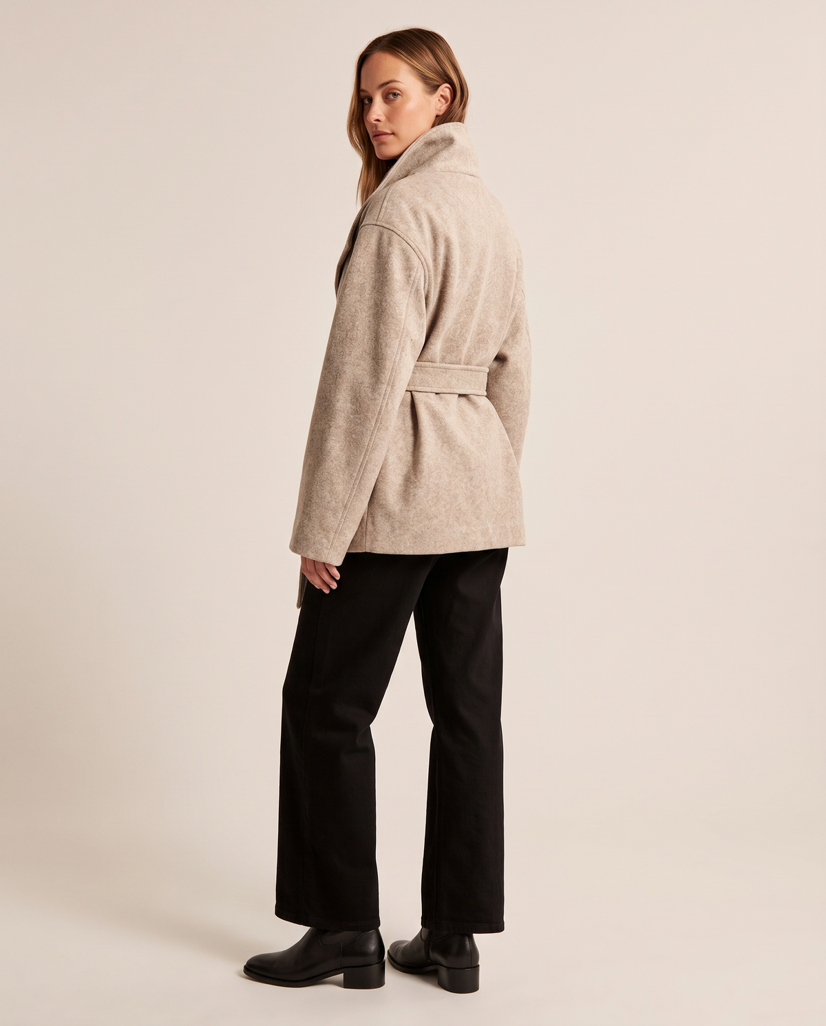 ONORA belted wrap coat with funnel collar for women - beige back view