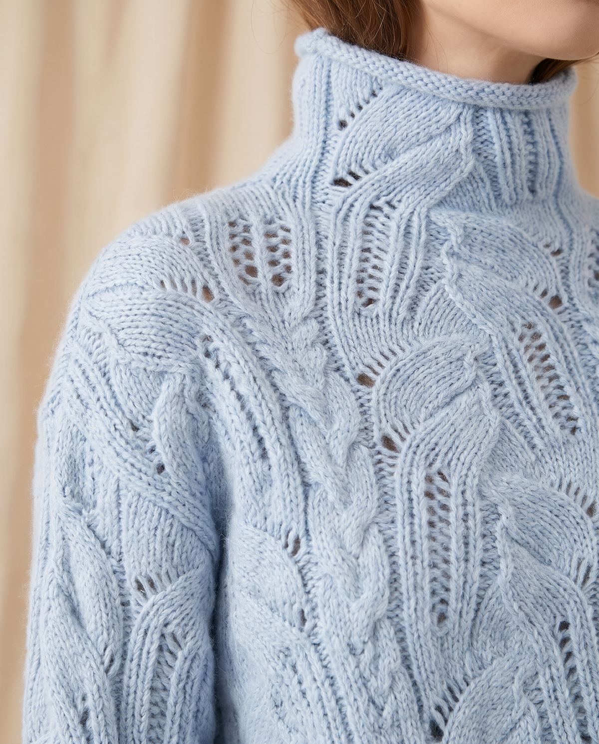 ONORA cable knit turtleneck sweater for women - cable and pointelle knit detail