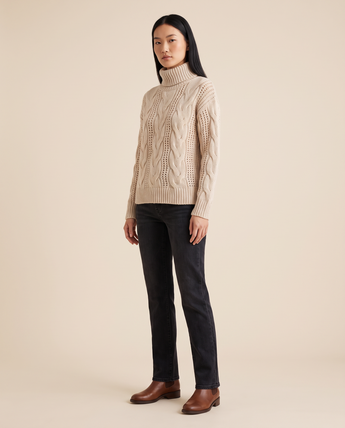 ONORA cable knit turtleneck sweater for women - oatmeal beige