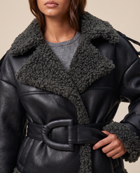 ONORA black faux leather shearling aviator jacket for women - faux shearling collar and buckle detail