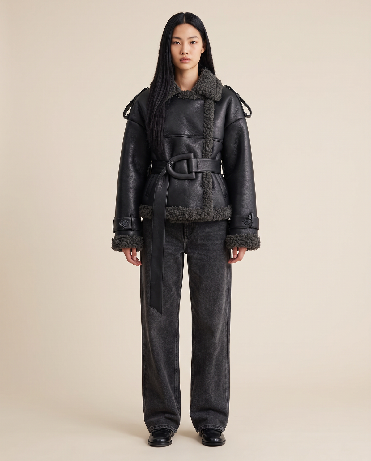 ONORA black faux leather shearling aviator jacket for women - front view with buckle belt