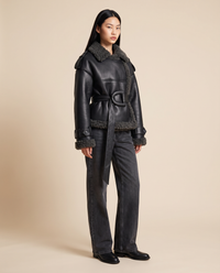 ONORA black faux leather shearling aviator jacket for women - three-quarter view