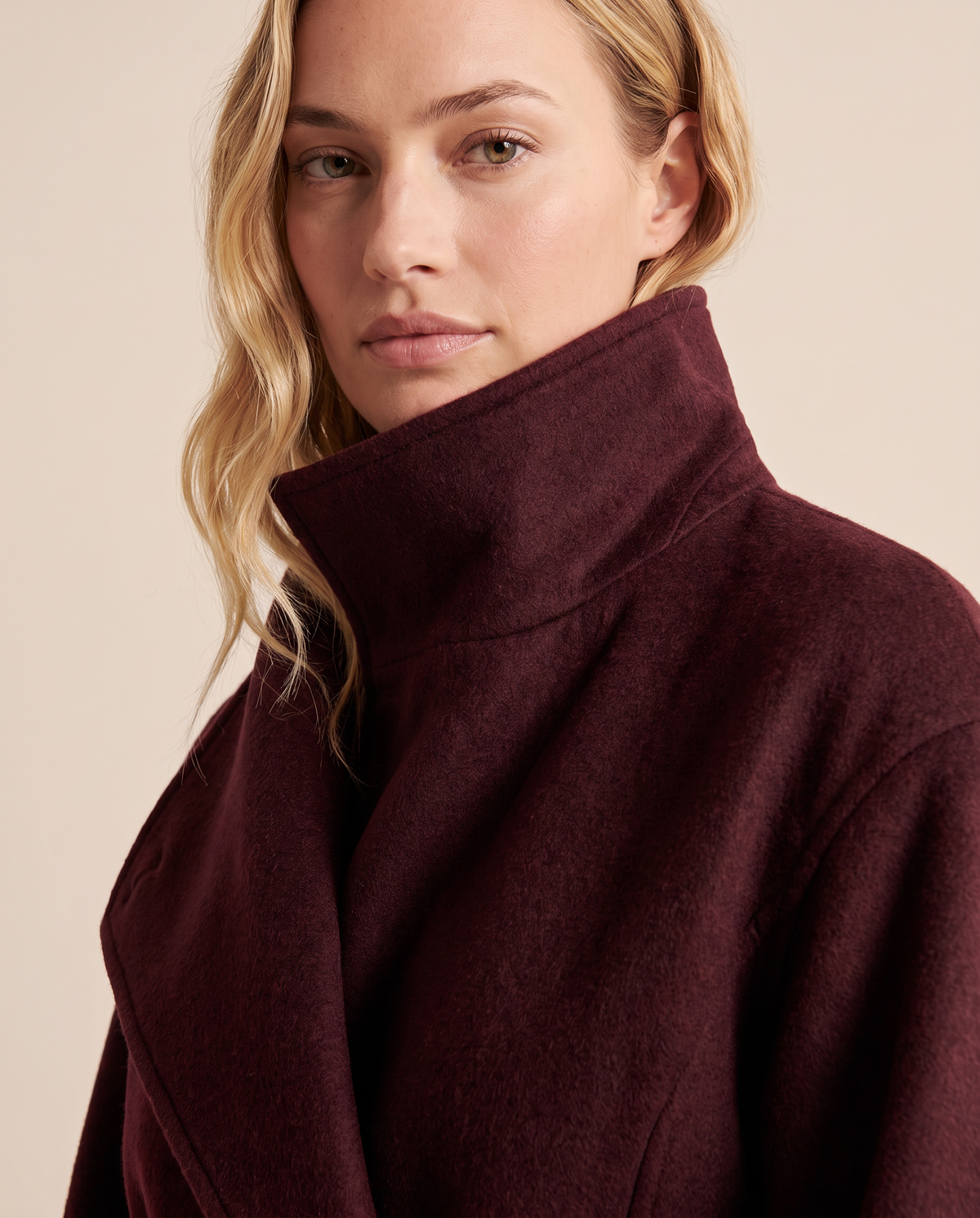 ONORA belted wrap coat with funnel collar for women - funnel collar detail