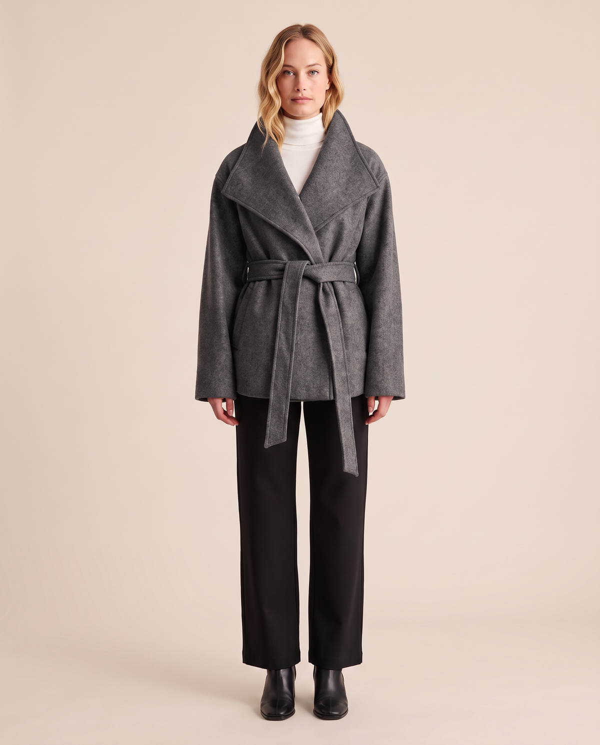 ONORA belted wrap coat with funnel collar for women - dark grey