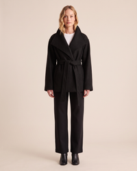 ONORA belted wrap coat with funnel collar for women - black