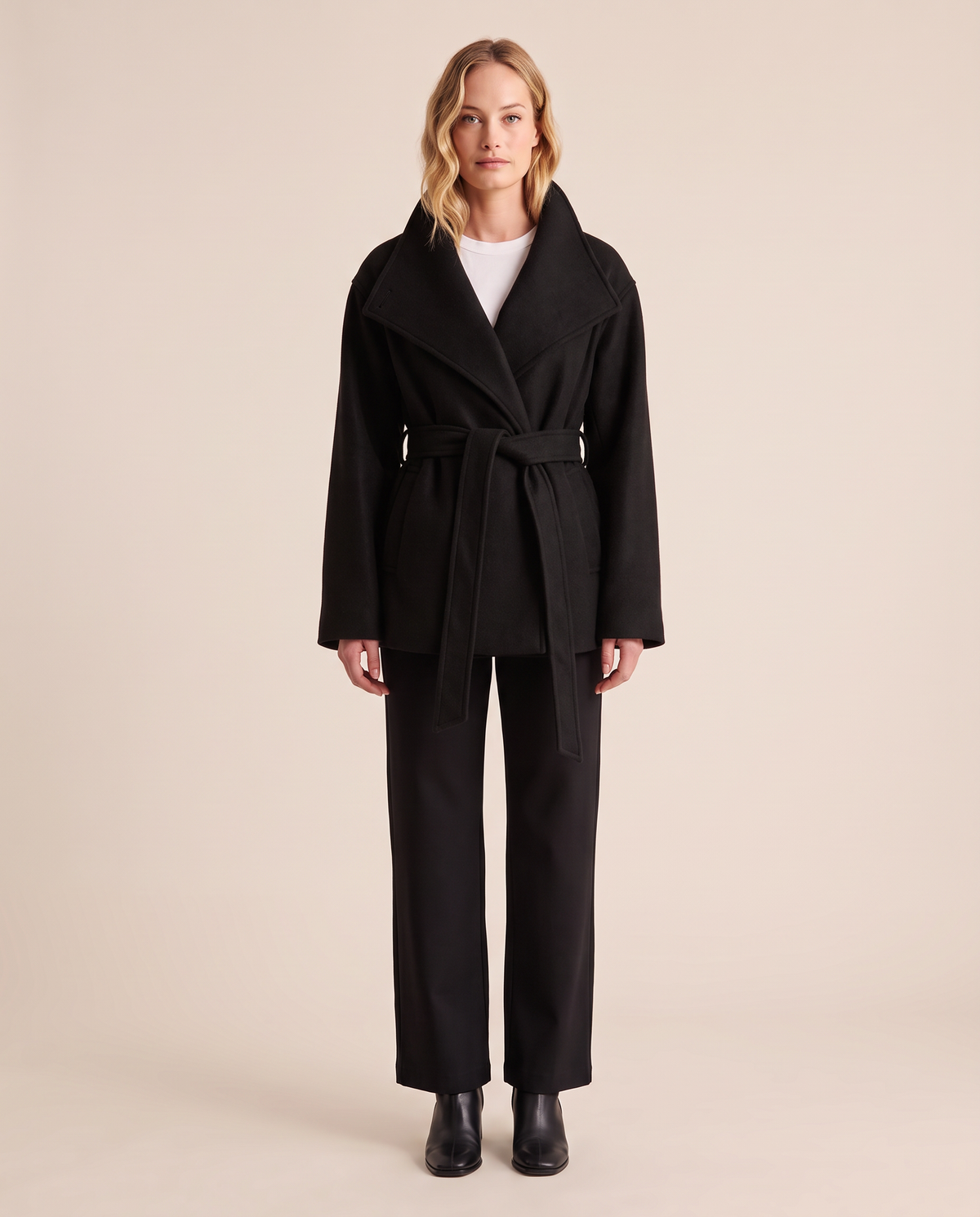 ONORA belted wrap coat with funnel collar for women - black