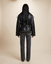 ONORA black faux leather shearling aviator jacket for women - back view