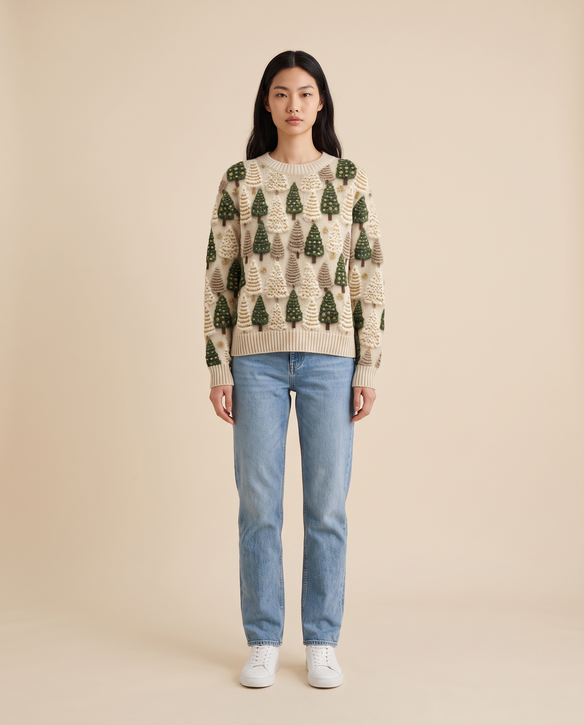 ONORA Christmas tree pattern sweater - Beige front