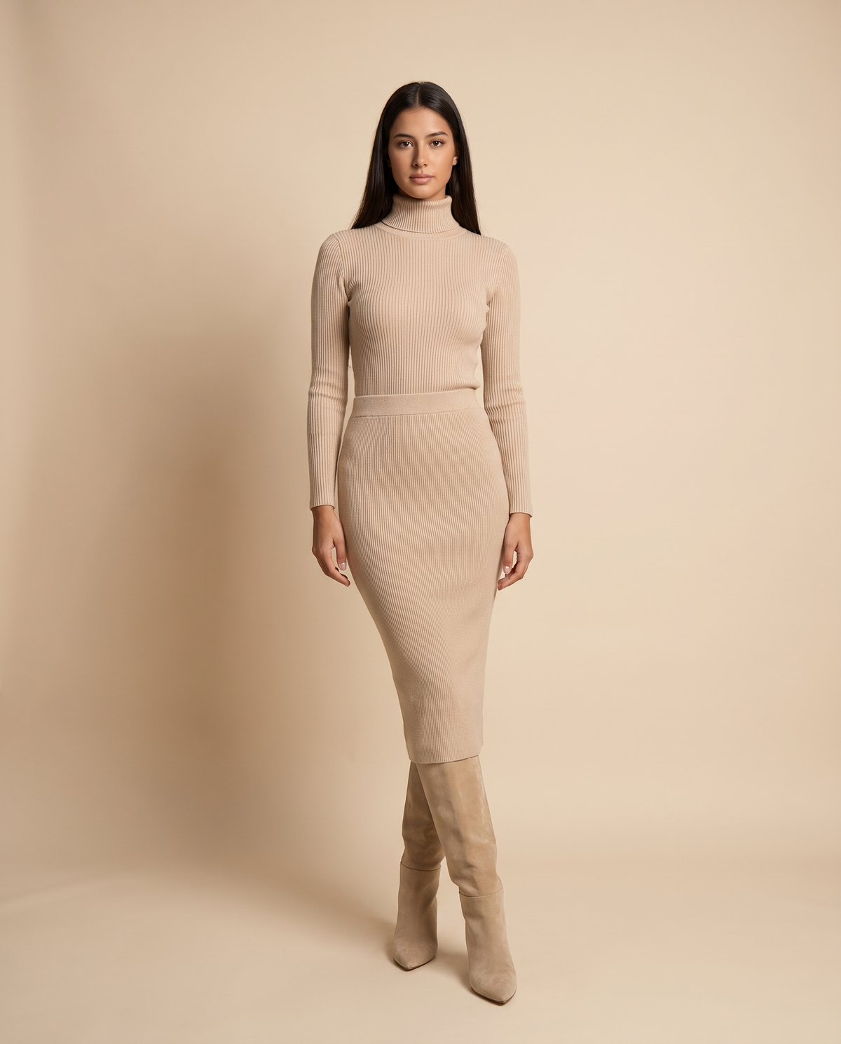ONORA sweater and midi skirt set - front view, beige