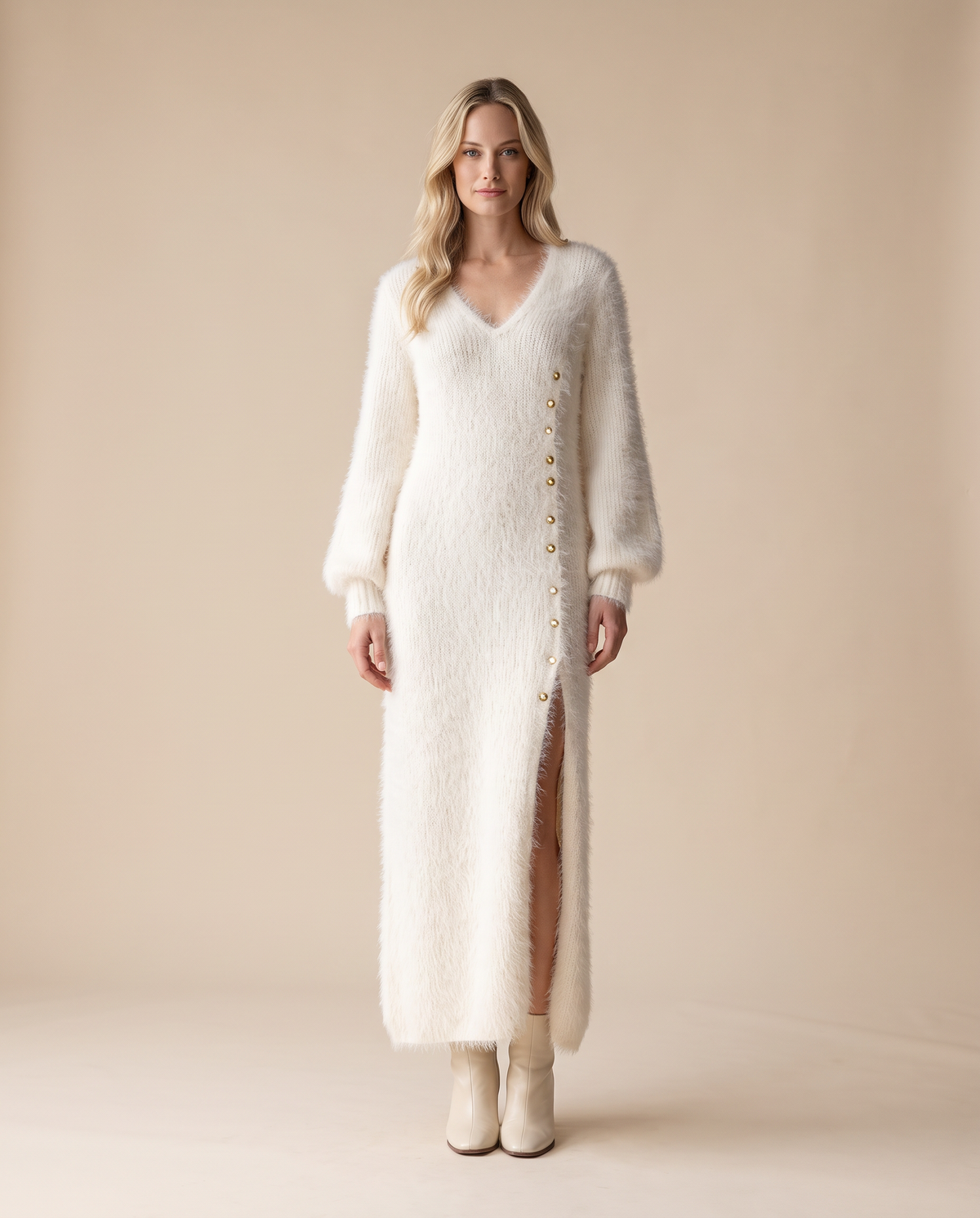 ONORA fluffy maxi lounge dress - front view, white
