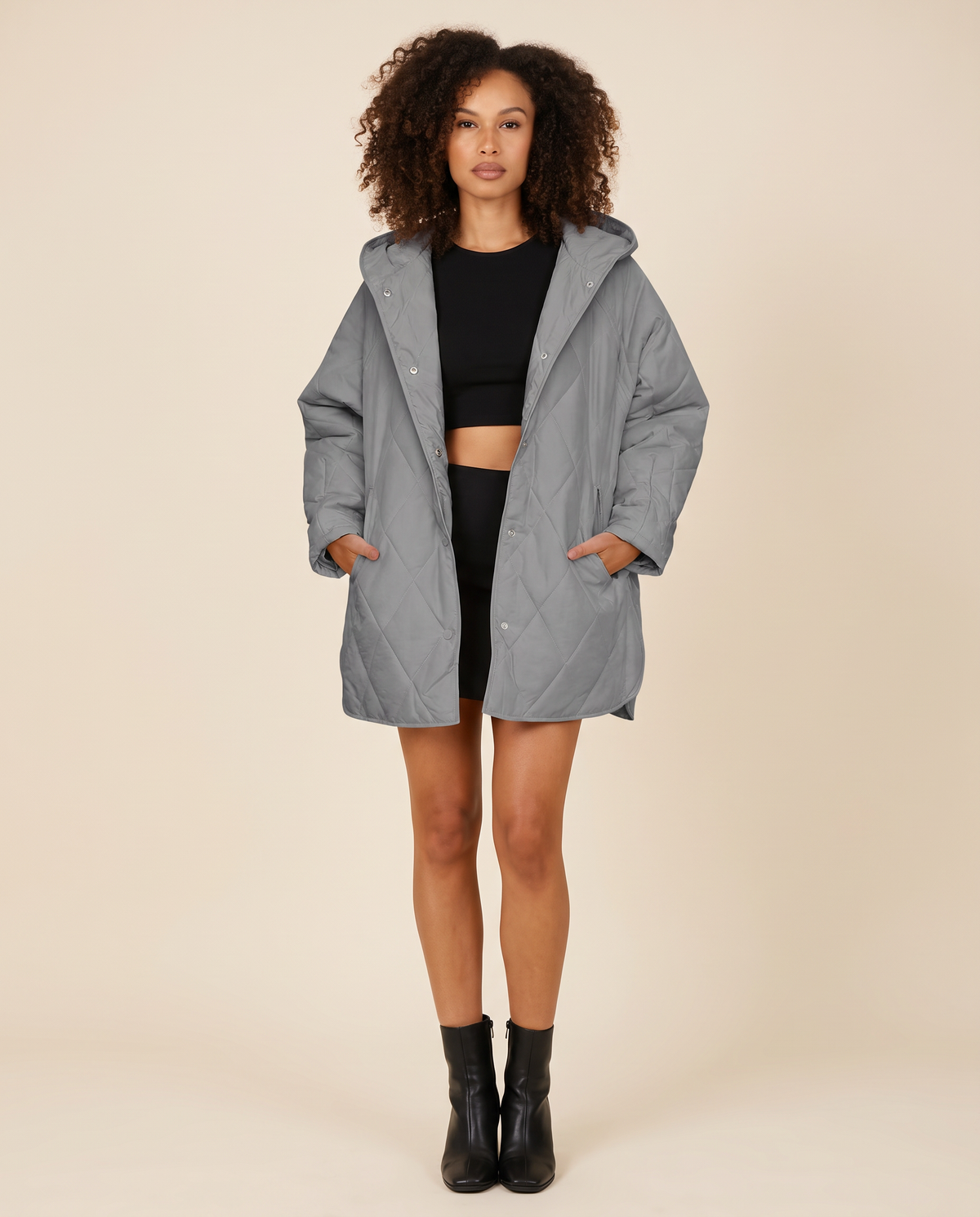 ONORA diamond quilted hooded puffer coat - front view, gray