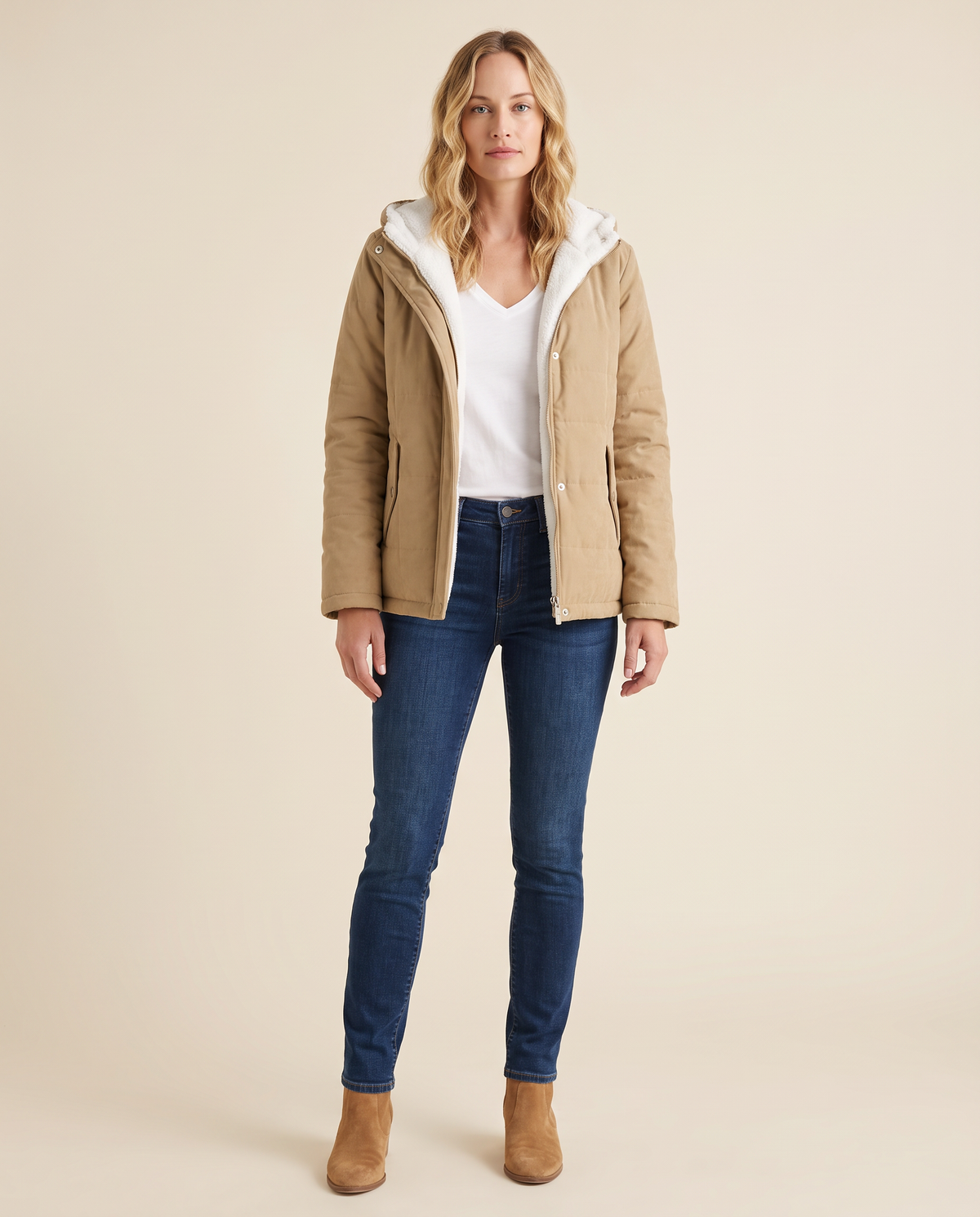 ONORA sherpa lined hooded padded jacket - front view, khaki