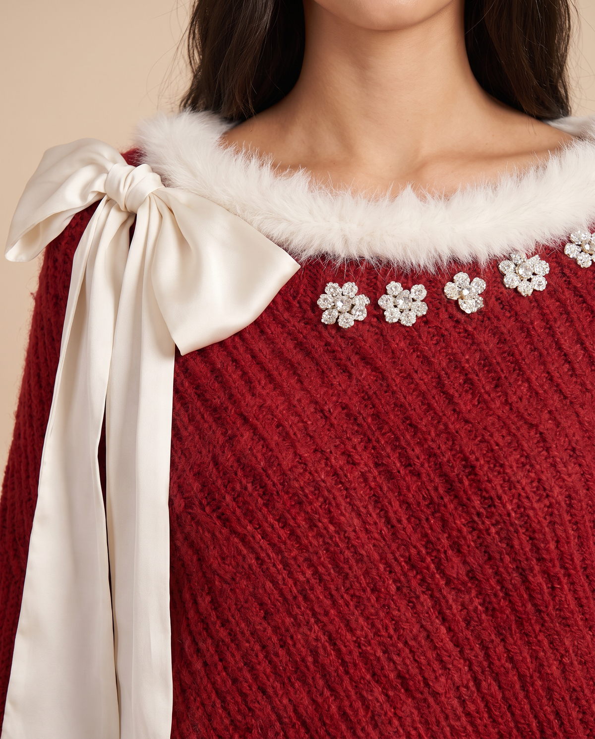 ONORA off shoulder Christmas sweater with bow - detail close-up
